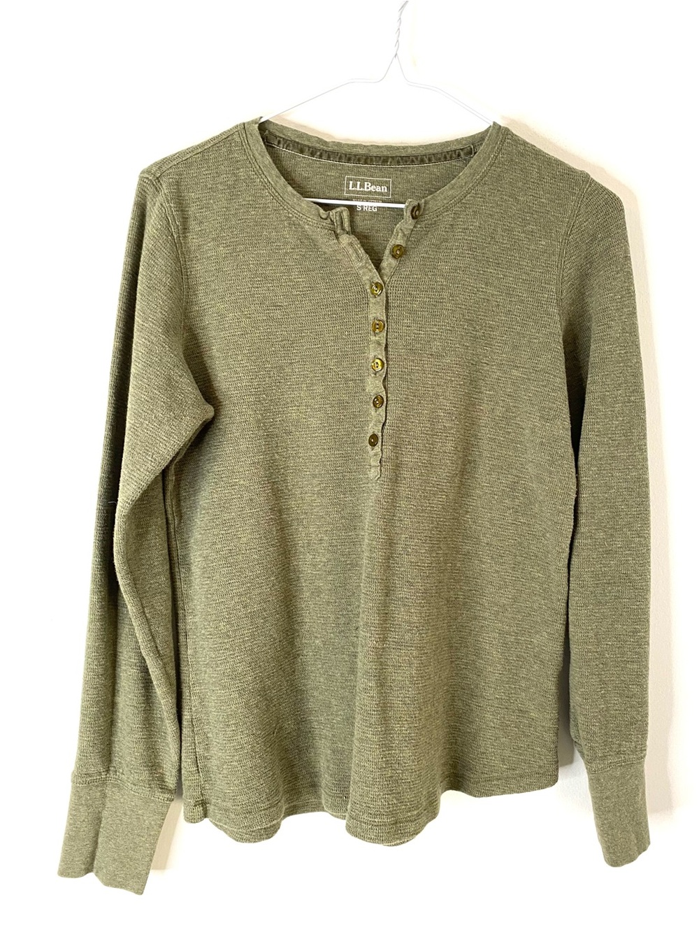 L.L. Bean Sage Green Cotton Stretch Henley Long Sleeve Waffle Knit Top